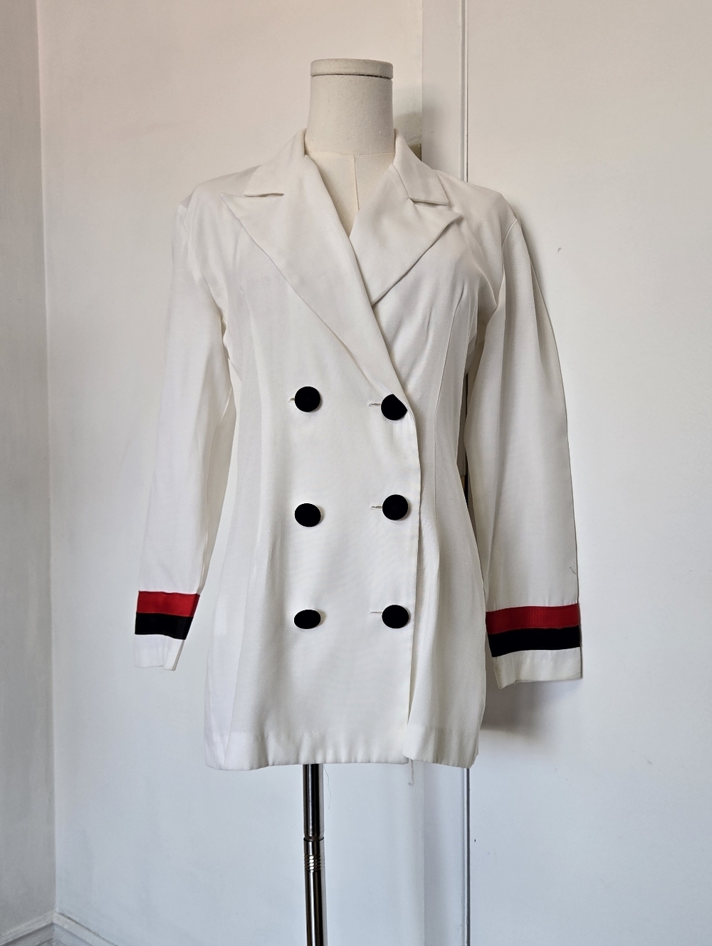 Prima Donna White Double-Breasted Blazer with Red & Black Cuff Stripes